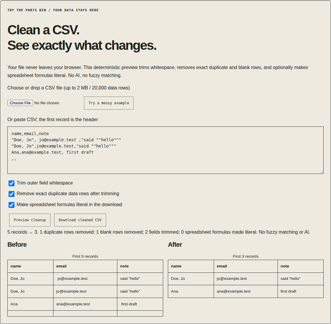 Browser CSV cleaner showing synthetic before-and-after records with duplicate and blank rows removed.