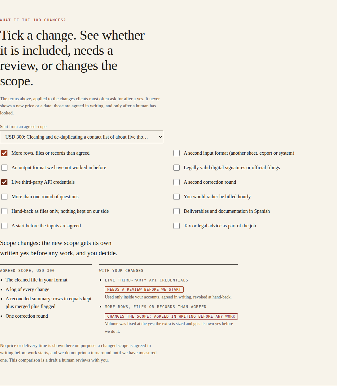 Interactive project scope and change comparison tool highlighting scope additions and review gates.